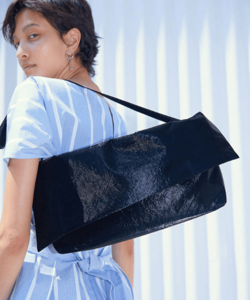 Glossy Wide Flap Shoulder Bag